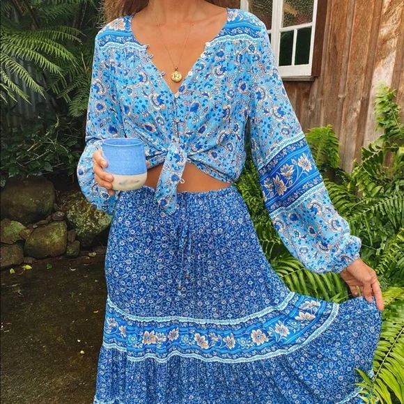 Boho floral gypsy skirt print maxi long blue - Picture 3 of 14
